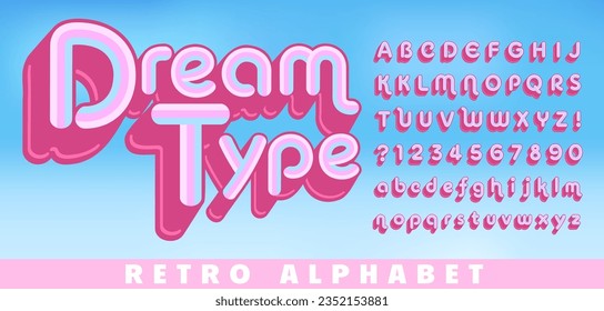 A retro 1970s style striped alphabet in pink and blue hues