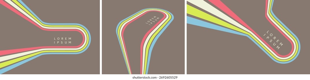 A retro 1970s-style background. Colorful lines. Abstract, dynamic curved ribbons. Designed for posters or banners for sports competitions and races. A collection of vector illustrations.