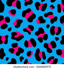 Retro 1980s Animal Print Pattern With Neon Pink Spots On Blue Background. Colorful Seamless Leopard Pattern For Fashion, Home Décor, Stationary, Wrapping Paper, Textiles.