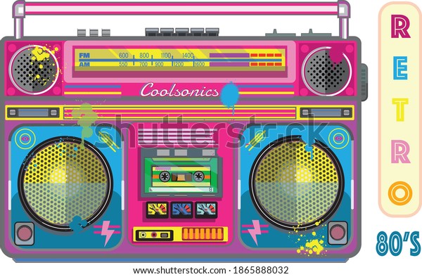 retro 1980\'s cassette boombox colorful splashed\
with paint spots and\
drips