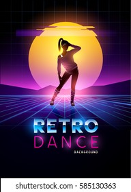 Retro 1980's Dancing Lady With Glitch Sunset Background. Vector Illustration