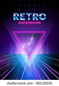 Retro 1980's digital landscape background with neon effects.