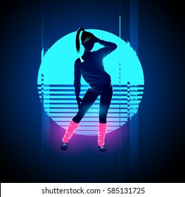 Retro 1980's glowing neon dancing lady with glitch sunset background. Vector illustration