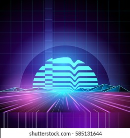 Retro 1980s Neon Future Background Horizon. Vector Illustration