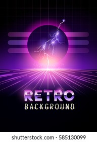 Retro 1980's neon horizon background with lightning bolts. Vector illustration