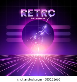 Retro 1980's neon horizon background with lightning bolts. Vector illustration