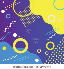 Retro 1980s Style. Abstract Memphis-style pattern featuring vibrant geometric shapes, wavy lines, circles, and triangles on a colorful background with yellow, purple, and blue sections