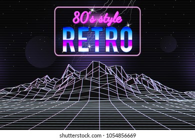 Retro 1980s style glitch wireframe landscape with night sky, stars, lightning, planets. Neon title for music template and club poster. Topography grid. Vector illustration