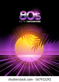 retro 1980's style neon digital abstract background with laser beams and a sunset.