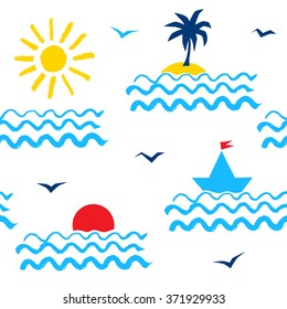 Retro 1980s styled summer seaside vacation seamless pattern with sea, sun, palm tree, yacht and seagulls.
