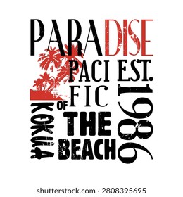 Retro 1986 Paradise Pacific typography graphic design. Features distressed grunge text and red palm tree silhouette. Ideal for vintage streetwear, summer surf apparel, and coastal t-shirt prints.