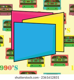 Retro 1990s Cassette Banner with Copy Space. Blue, Pink and Yellow nostalgic background. Trends of 2023. SHOTLIST1990