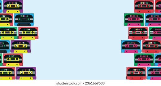 Retro 1990s Cassette Blue Banner with Copy Space for text. Blue, pink, red and yellow audio cassettes nostalgic background. Trends of 2023. SHOTLIST1990