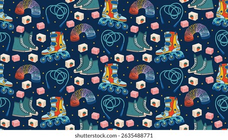 Retro 1990s seamless pattern with sneakers, roller skates, bubble gum, spring toy, and jump rope in cartoon flat style. Bright nostalgic texture perfect for fabric, kids items, or party decor.