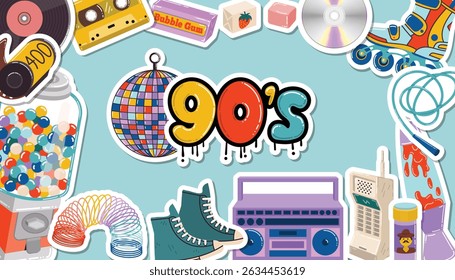 Retro 1990s style poster with bold frame decorated by cartoon stickers of boombox, vinyl, candy machine, CD, disco ball and more. Nostalgic fun vibe perfect for youth designs and party themes.