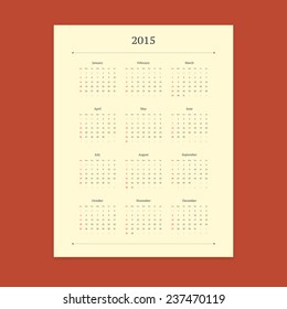 Retro 2015 calendar vector template on stylish red background. Portrait orientation.