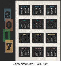 Retro 2017 Full Calendar, Background Design. Promotion Poster Vector Template, Week Starts Sunday