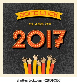 retro 2017 graduation card or banner design with vintage light bulb sign numbers. Vector illustration.