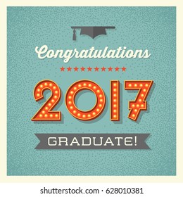 retro 2017 graduation card or banner design with vintage light bulb sign numbers. Vector illustration.