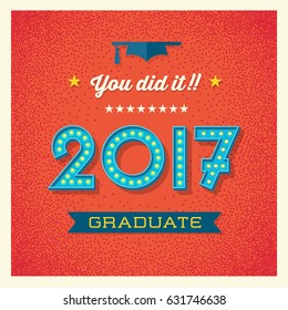 retro 2017 graduation card or banner design with vintage light bulb sign numbers. Vector illustration.