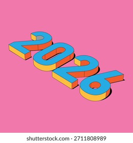Retro 2026 3D Typography Bold Colorful Year Text Design for New Year and Trendy Graphics
