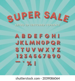 Retro 3 D textured typeface. Vector ,, can be cropped to any size and used for printing. For any retro style projects. Saves you time creating stylish lettering.