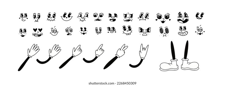  Retro 30s cartoon characters faces. 50s, 60s old animation eyes and mouths elements. Vintage comic smile for logo vector set. legs, foots, hands in gloves, different positions