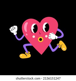 Retro 30s cartoon and comics character face. Traditional vintage running heart illustration on black background