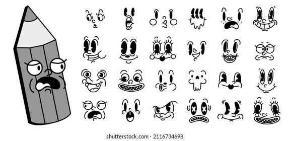 Retro 30s cartoon and comics characters faces. Traditional mascot emotions vector elements. Vintage characters creator for trending illustration.