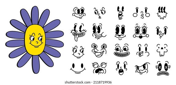 Retro 30s cartoon and comics characters faces. Traditional mascot emotions vector elements. Vintage characters creator for trending illustration.