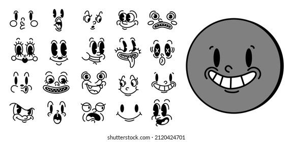 Retro 30s cartoon and comics characters faces. Traditional mascot emotions vector elements. Vintage characters creator for trending illustration.