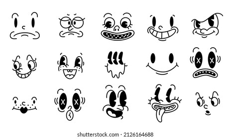 Retro 30s cartoon and comics characters faces. Traditional emotions vector elements. Vintage characters creator for trending illustration.