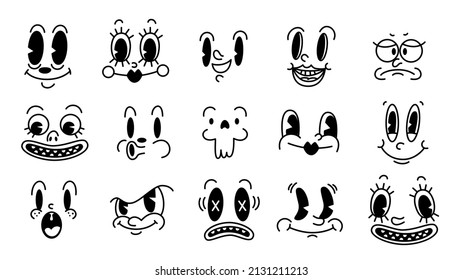 Retro 30s cartoon and comics characters faces. Traditional emotions vector elements. Vintage characters creator for trending illustration.