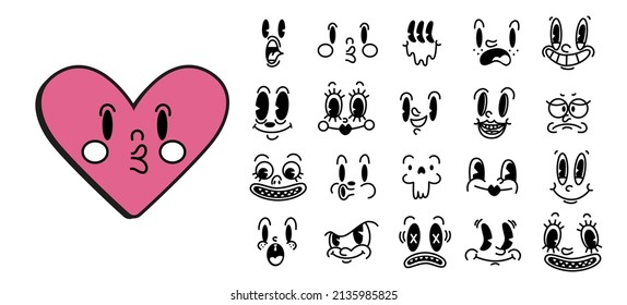 Retro 30s cartoon and comics characters faces. Traditional emotions vector elements. Vintage characters creator for trending illustration.