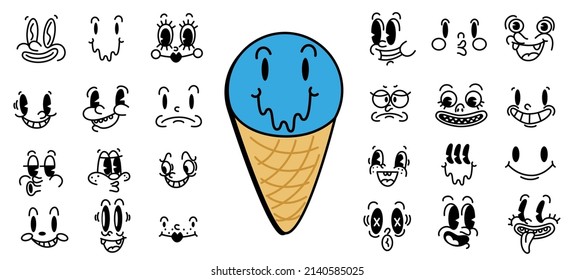 Retro 30s cartoon and comics characters faces. Traditional emotions vector elements. Vintage characters creator for trending illustration.