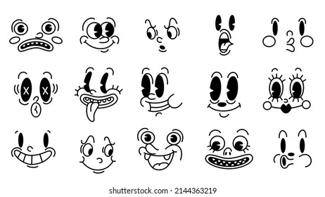 Retro 30s cartoon and comics characters faces. Traditional emotions vector elements. Vintage characters creator for trending illustration.