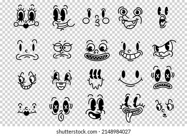 Retro 30s cartoon and comics characters faces. Traditional emotions vector elements. Vintage characters creator for trending illustration.