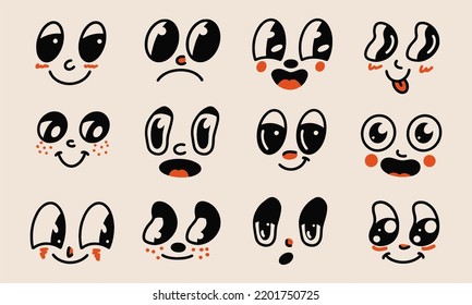 Retro 30s cartoon and comics characters faces. Traditional emotions vector elements. Vintage characters creator for trending illustration.