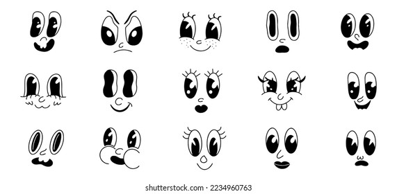 Retro 30s cartoon and comics characters faces. Traditional emotions vector elements. Vintage characters creator for trending illustration.