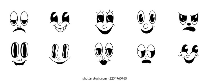 Retro 30s cartoon and comics characters faces. Traditional emotions vector elements. Vintage characters creator for trending illustration.