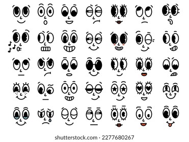 Retro 30s cartoon and comics characters faces. 50s, 60s vintage comic smile. Traditional mascot emotions. Vector illustration