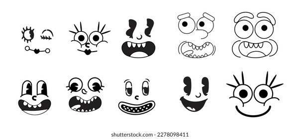 Retro 30s cartoon and comics characters faces. Traditional emotions vector elements. Vintage characters creator for trending illustration.