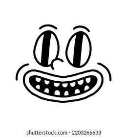 Retro 30s cartoon mascot character, no emotions funny face. 40s, 50s, 60s old animation eyes mouths elements. Vintage comic emotion logo, vector. Weird alien with fun tooth, happy, emotions. Isolated