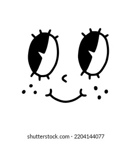 Retro 30s cartoon mascot character, no emotions funny face. 40s, 50s, 60s old animation eyes mouths elements. Vintage comic emotion logo, vector. Weird alien with fun tooth, happy, emotions. Isolated