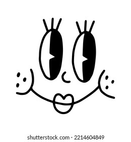 Retro 30s cartoon mascot character, no emotions funny face. 40s, 50s, 60s old animation eyes mouths elements. Vintage comic emotion logo, vector. Weird alien with fun tooth, happy, emotions. Isolated