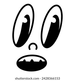 Retro 30s cartoon mascot character funny face. 50s, 60s old animation eyes and mouth element. Vintage comic smile for logo vector. Smiley caricature with happy and cheerful emotions.