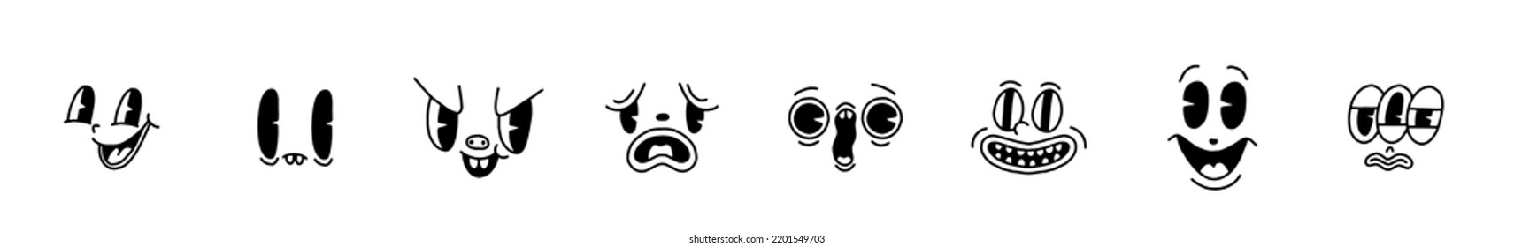 Retro 30s cartoon mascot characters funny faces big set. 40s, 50s, 60s old animation eyes and mouths elements. Vintage comic emotions for logo vector. Smiley, happy, sad, cheerful, surprised. Isolated