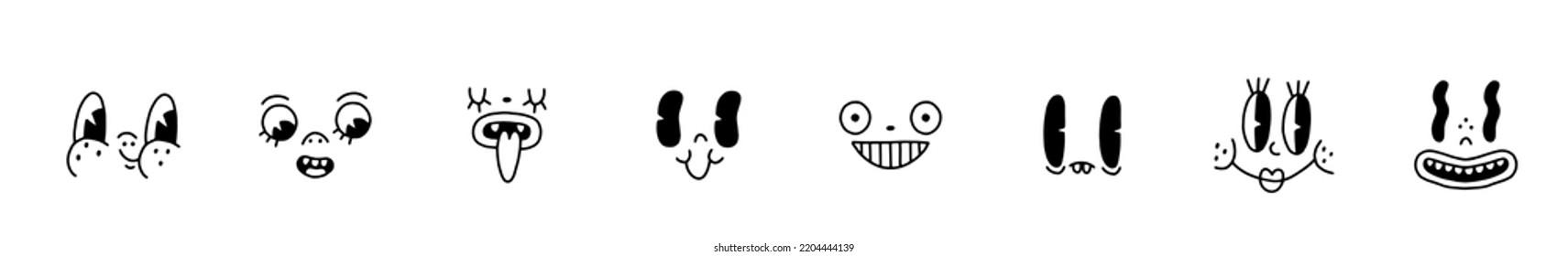 Retro 30s cartoon mascot characters funny faces big set. 40s, 50s, 60s old animation eyes and mouths elements. Vintage comic emotions for logo vector. Smiley, happy, sad, cheerful, surprised. Isolated