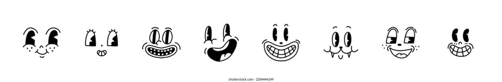 Retro 30s cartoon mascot characters funny faces big set. 40s, 50s, 60s old animation eyes and mouths elements. Vintage comic emotions for logo vector. Smiley, happy, sad, cheerful, surprised. Isolated