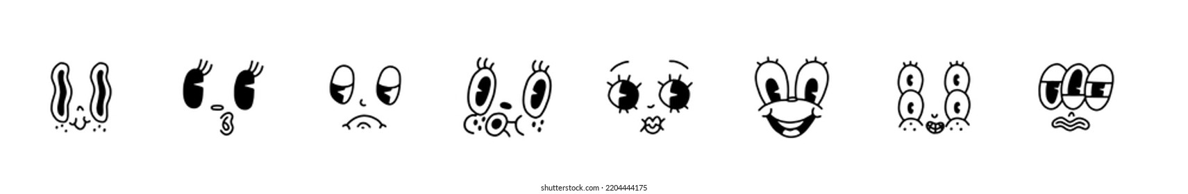 Retro 30s cartoon mascot characters funny faces big set. 40s, 50s, 60s old animation eyes and mouths elements. Vintage comic emotions for logo vector. Smiley, happy, sad, cheerful, surprised. Isolated